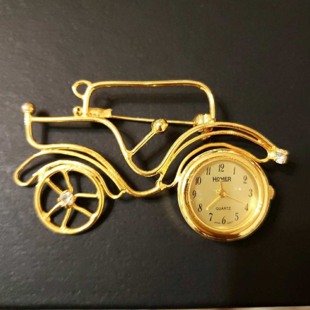 Goldtone Vintage Car Watch Pin Brooch